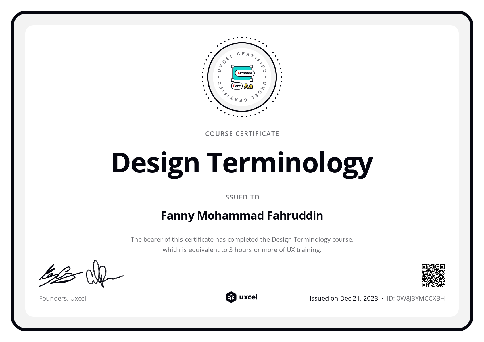 Fanny Mohammad Fahruddin's certificate